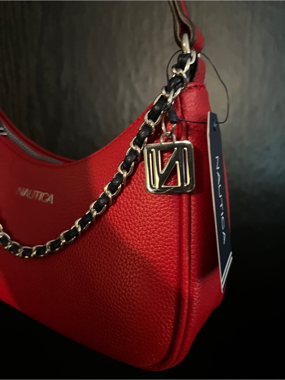 Nautica Red Pebbled Shoulder Bag with Chain Detail - Picture 5 of 6